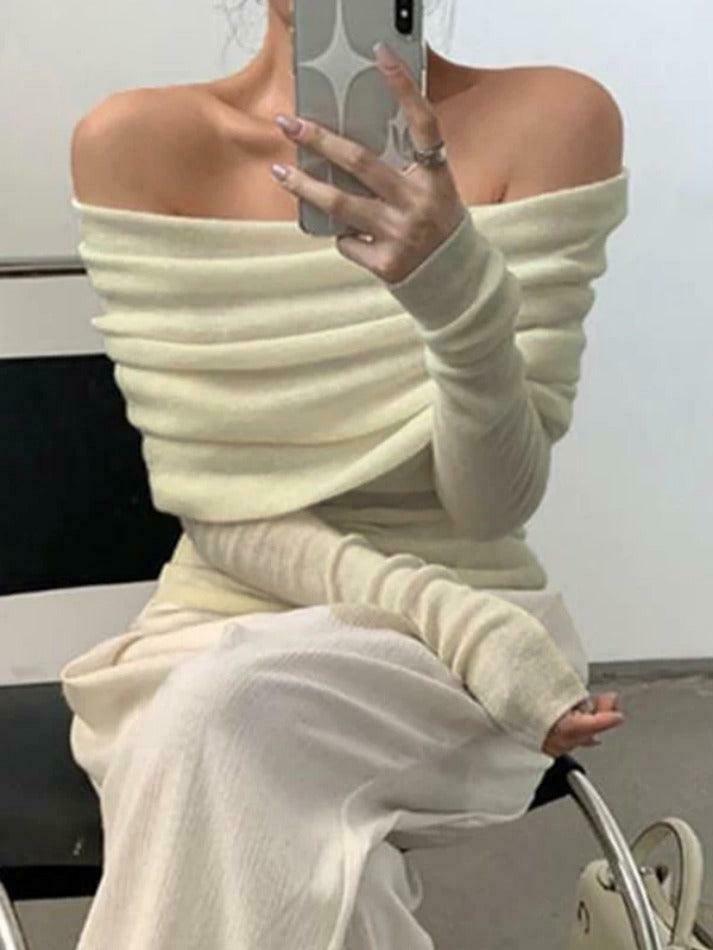 French Off Shoulder Slim Long Sleeve Knit Sweater - Y2K Fashion Coquette Aesthetic Grunge Style