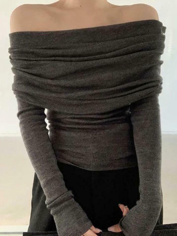 French Off Shoulder Slim Long Sleeve Knit Sweater - Y2K Fashion Coquette Aesthetic Grunge Style