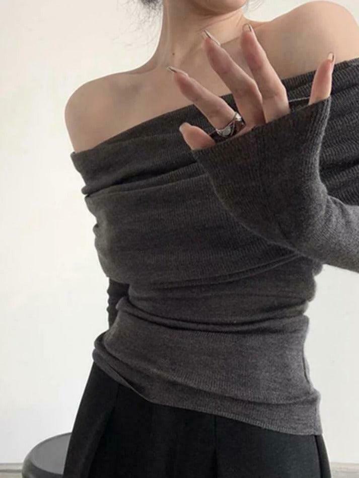 French Off Shoulder Slim Long Sleeve Knit Sweater - Y2K Fashion Coquette Aesthetic Grunge Style