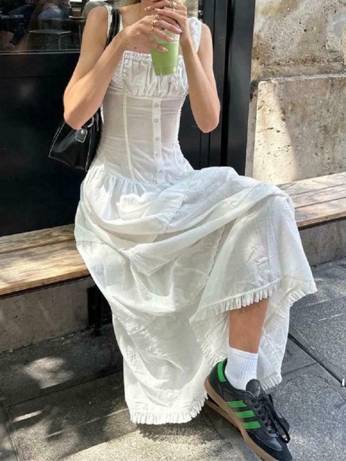French Pleated Lace Up Layered Midi Dress in Coquette Aesthetic for Women's Y2K Fashion
