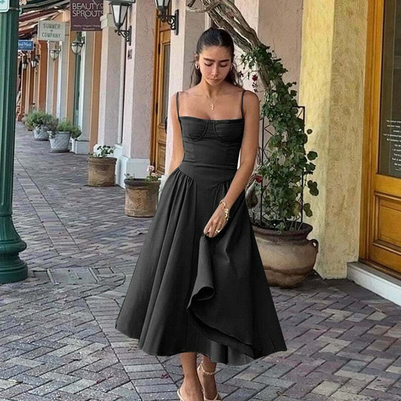 French Retro Midi Summer Dress - Y2K Aesthetic Vintage Style for Women
