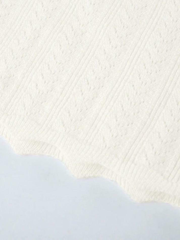 French Solid Pointelle Wavy Trim Lacing Sweater in Coquette Aesthetic