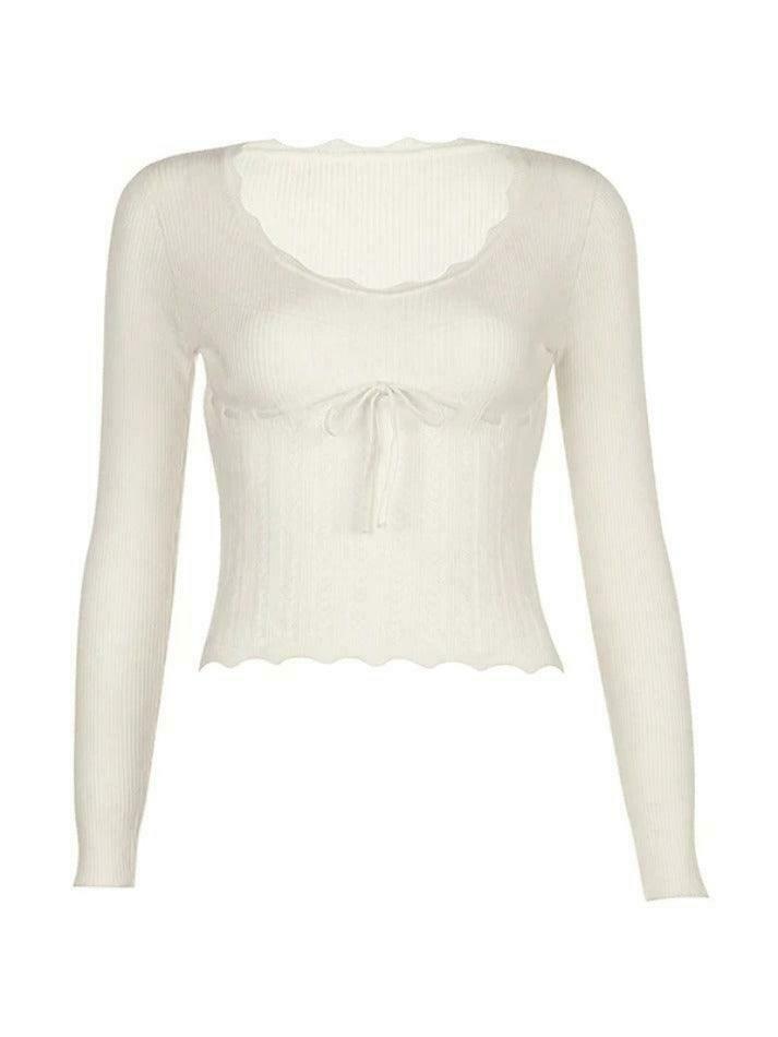 French Solid Pointelle Wavy Trim Lacing Sweater in Coquette Aesthetic