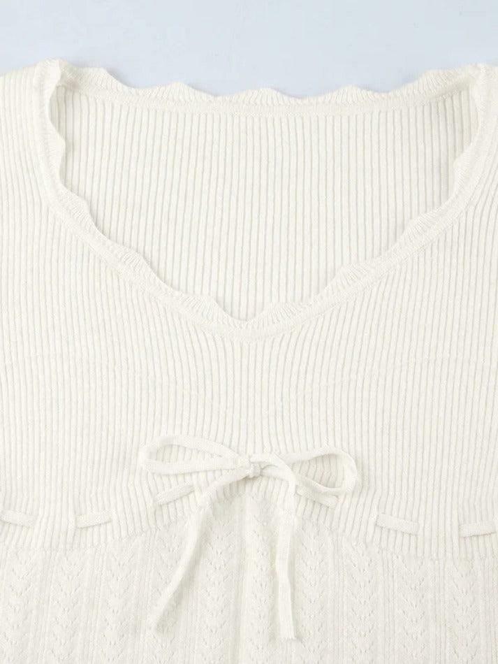 French Solid Pointelle Wavy Trim Lacing Sweater in Coquette Aesthetic
