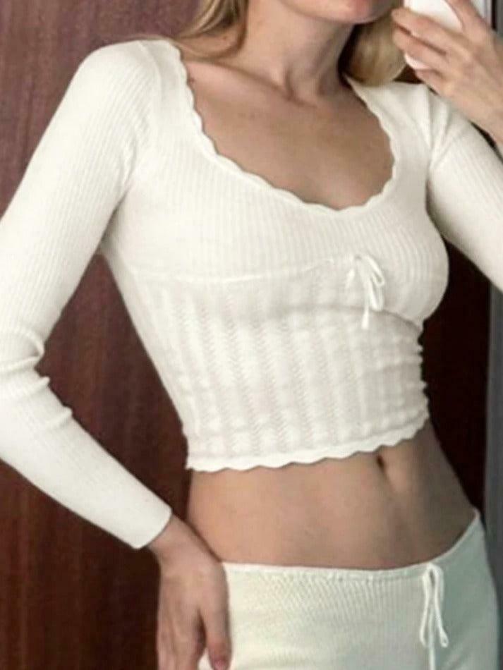 French Solid Pointelle Wavy Trim Lacing Sweater in Coquette Aesthetic