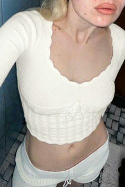 French Solid Pointelle Wavy Trim Lacing Sweater in Coquette Aesthetic