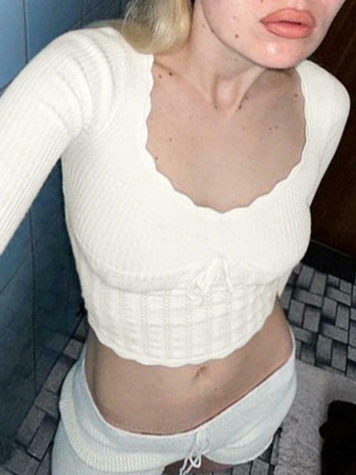 French Solid Pointelle Wavy Trim Lacing Sweater in Coquette Aesthetic