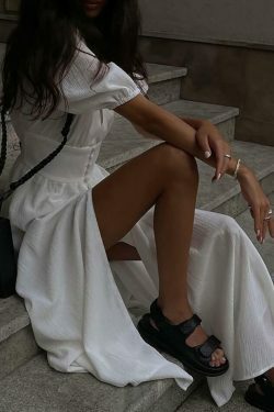 Frenchy Button Split Long Dress - Y2K Fashion Statement with Coquette Aesthetic and Grunge Style