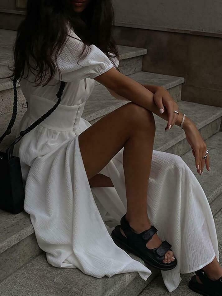 Frenchy Button Split Long Dress - Y2K Fashion Statement with Coquette Aesthetic and Grunge Style