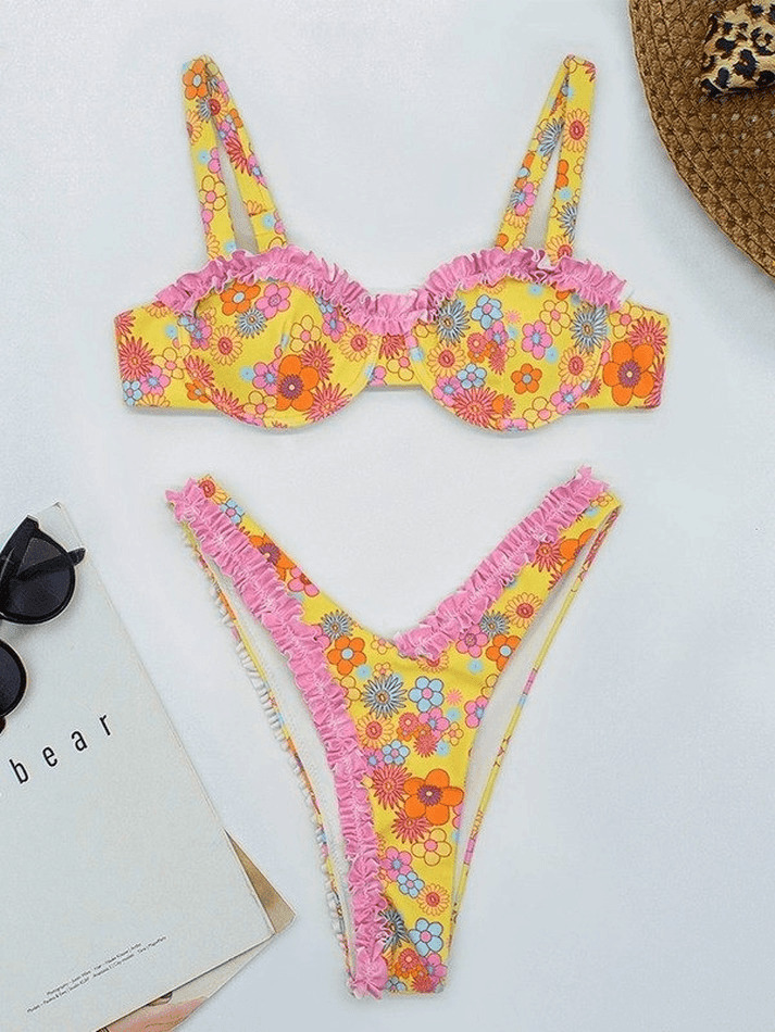 Frill Trim Floral Bikini Set - Y2K Fashion Swimwear with Coquette Aesthetic and Grunge Style