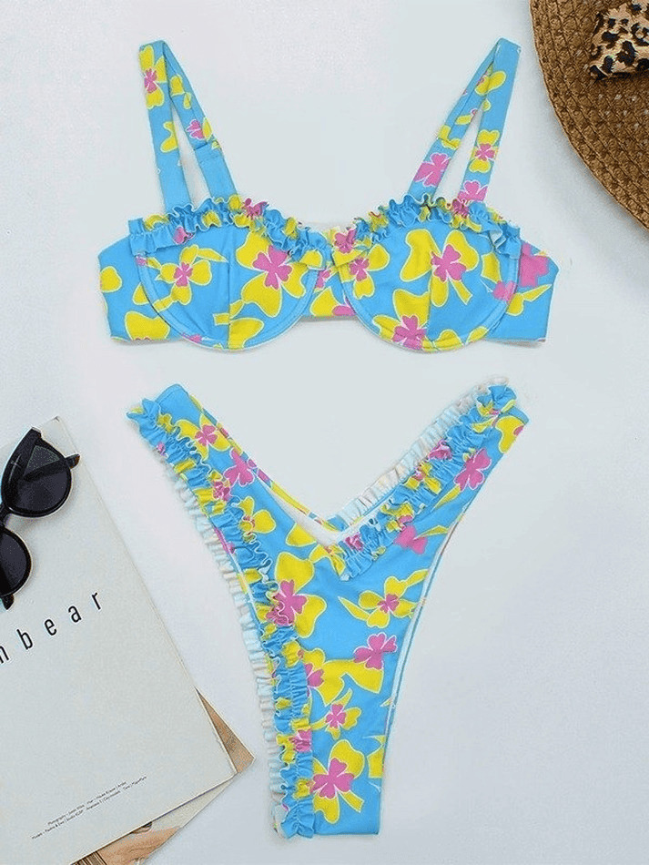 Frill Trim Floral Bikini Set - Y2K Fashion Swimwear with Coquette Aesthetic and Grunge Style