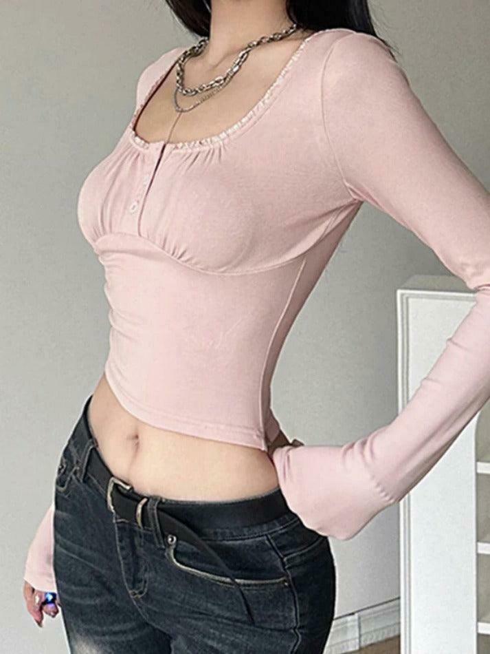 Frill Trim Square Neck Long Sleeve Tee - Y2K Fashion Aesthetic with Coquette and Grunge Style