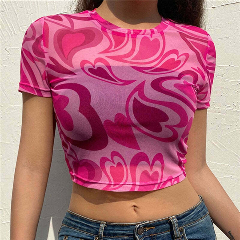 Fuchsia Heart Mesh Top - Y2K Coquette Grunge Aesthetic Cute Tops Pastel Goth