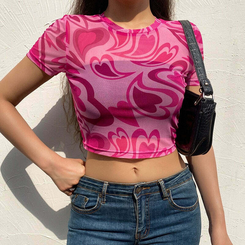 Fuchsia Heart Mesh Top - Y2K Coquette Grunge Aesthetic Cute Tops Pastel Goth