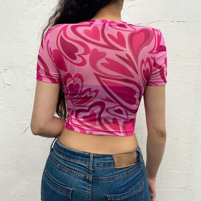 Fuchsia Heart Mesh Top - Y2K Coquette Grunge Aesthetic Cute Tops Pastel Goth