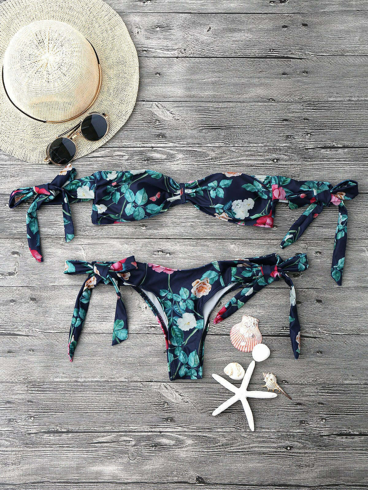Garden Print Off-The-Shoulder Bikini Set for Y2K Fashion Enthusiasts
