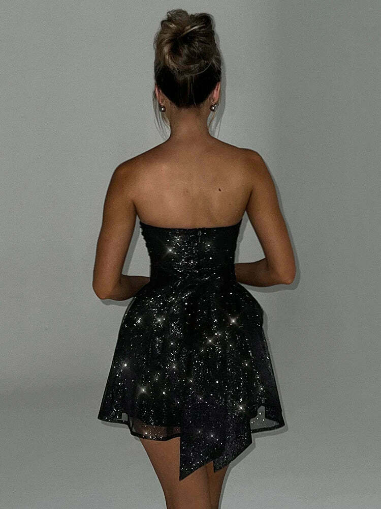 Glitter Glam Mesh Mini Bow Dress - Y2K Fashion Coquette Aesthetic with a Touch of Grunge Style