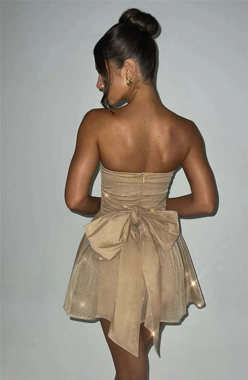 Glitter Glam Mesh Mini Bow Dress - Y2K Fashion Coquette Aesthetic with a Touch of Grunge Style
