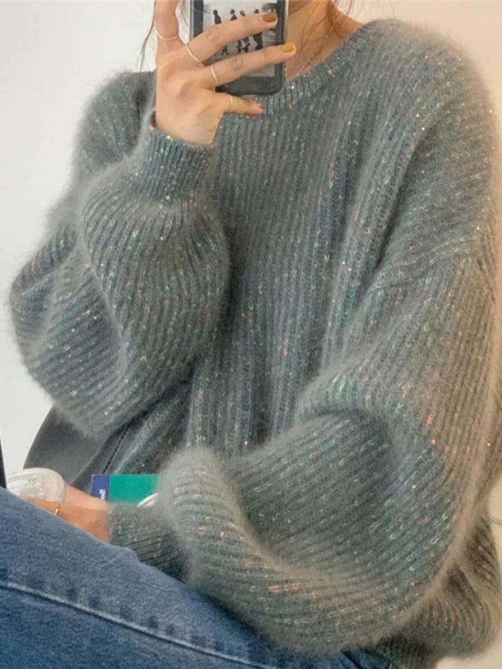 Glittering Lantern Sleeve Crew Neck Sweater - Y2K Fashion Coquette Aesthetic Grunge Style