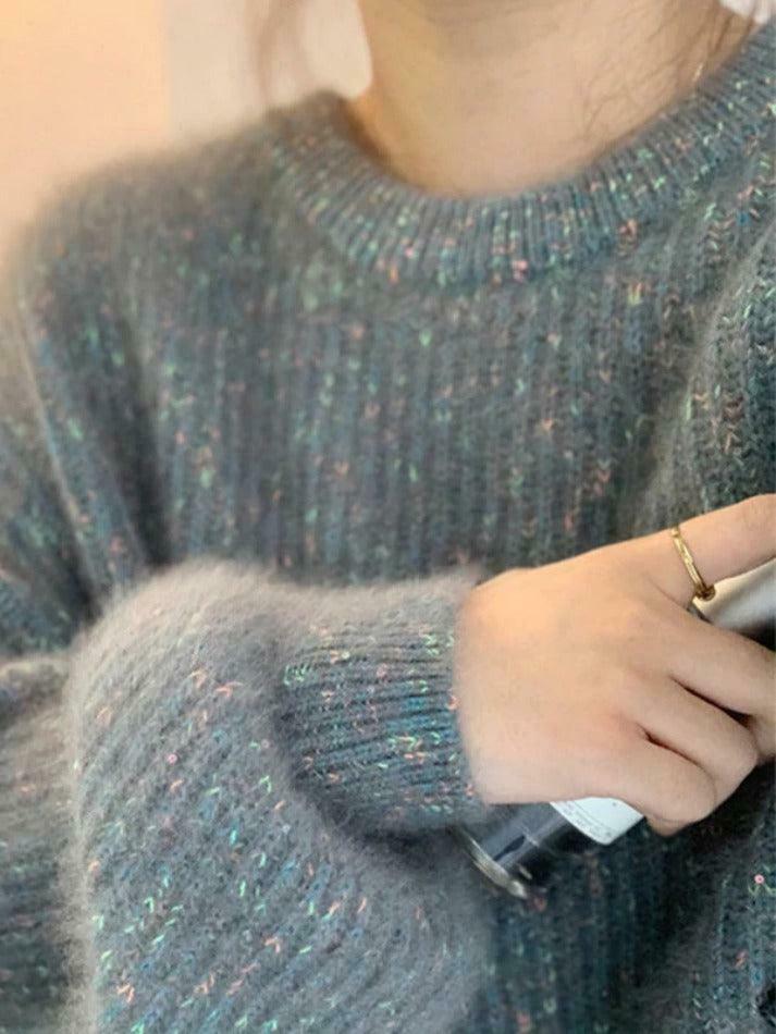 Glittering Lantern Sleeve Crew Neck Sweater - Y2K Fashion Coquette Aesthetic Grunge Style