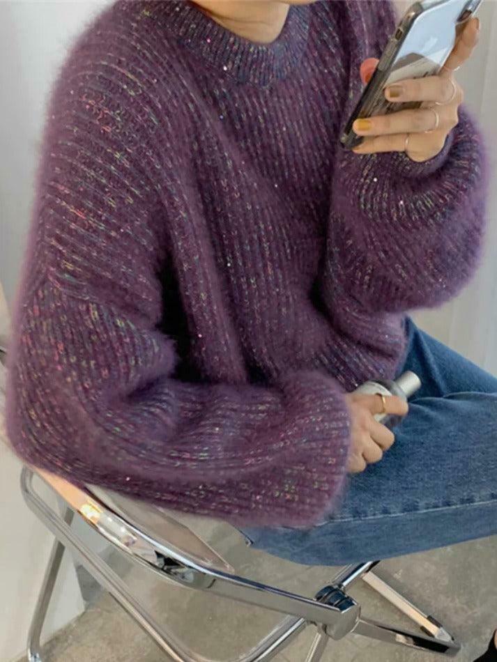 Glittering Lantern Sleeve Crew Neck Sweater - Y2K Fashion Coquette Aesthetic Grunge Style