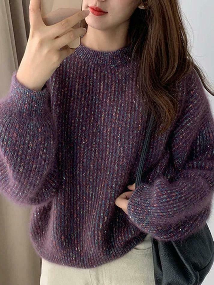 Glittering Lantern Sleeve Crew Neck Sweater - Y2K Fashion Coquette Aesthetic Grunge Style
