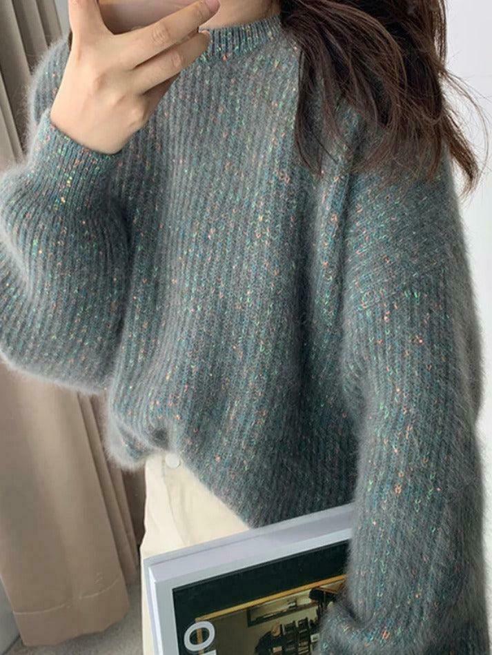 Glittering Lantern Sleeve Crew Neck Sweater - Y2K Fashion Coquette Aesthetic Grunge Style