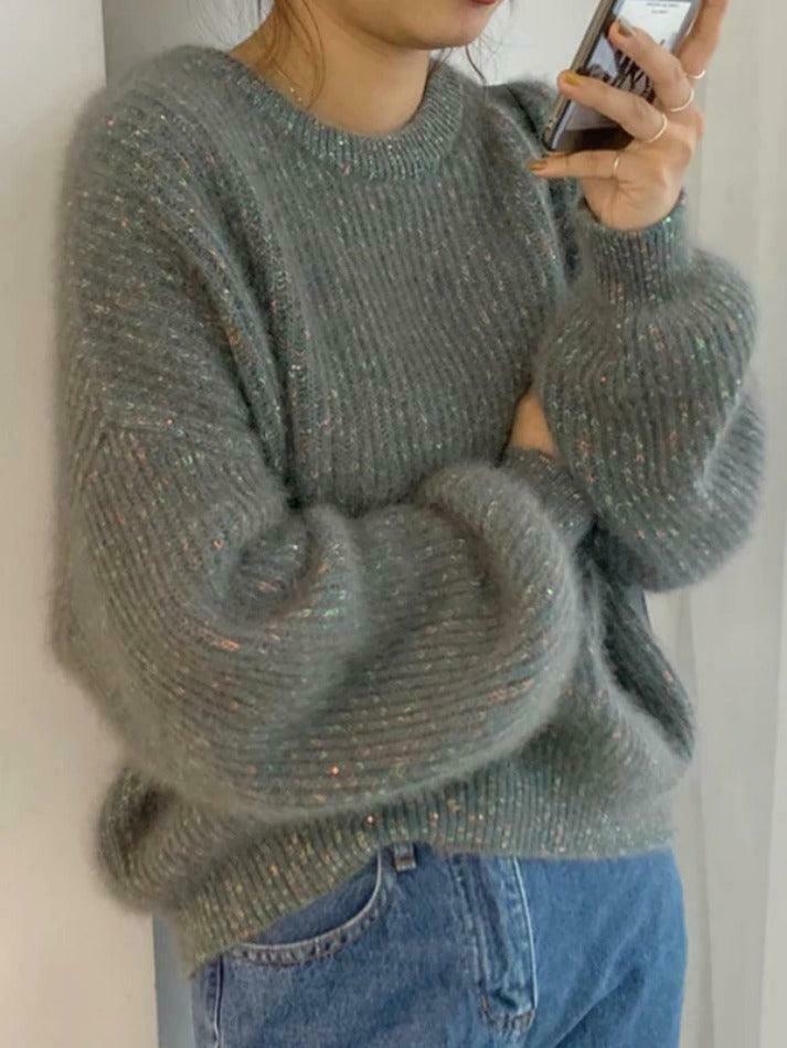 Glittering Lantern Sleeve Crew Neck Sweater - Y2K Fashion Coquette Aesthetic Grunge Style