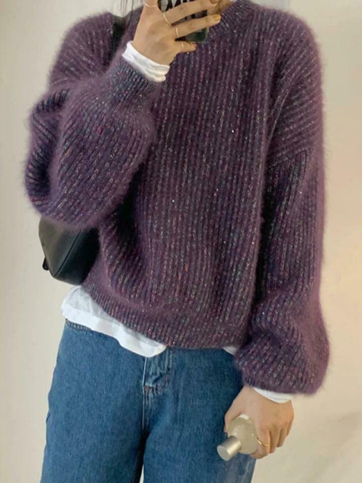 Glittering Lantern Sleeve Crew Neck Sweater - Y2K Fashion Coquette Aesthetic Grunge Style