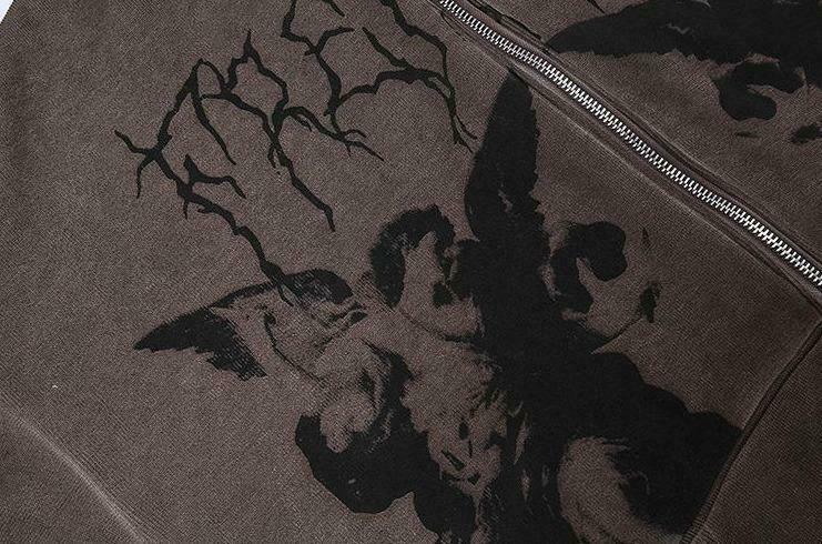 Gothic Angel Zip Up Hoodie in Garment-Dyed Y2K Aesthetic - Coquette Style with Grunge Vibes