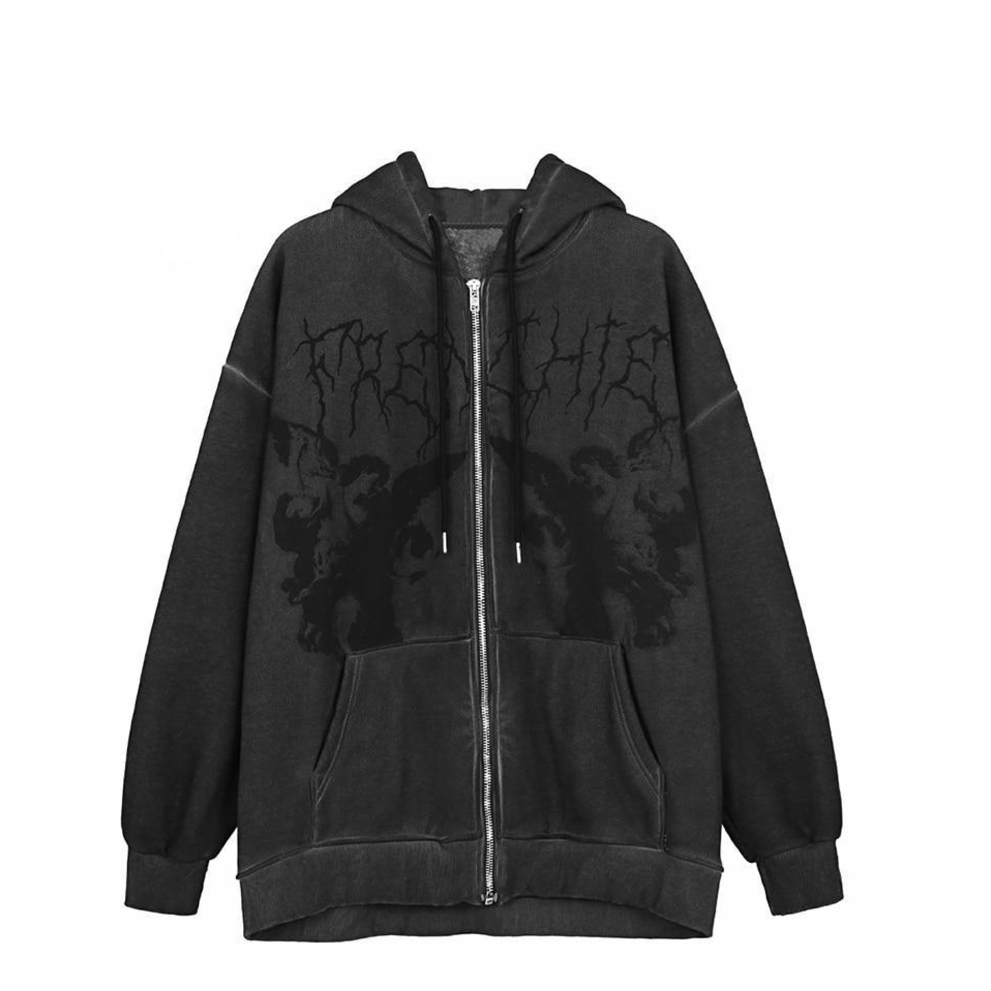 Gothic Angel Zip Up Hoodie in Garment-Dyed Y2K Aesthetic - Coquette Style with Grunge Vibes