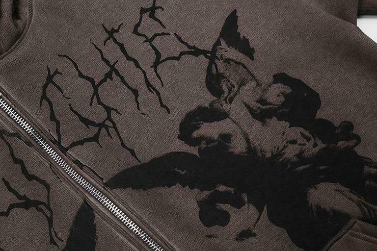 Gothic Angel Zip Up Hoodie in Garment-Dyed Y2K Aesthetic - Coquette Style with Grunge Vibes