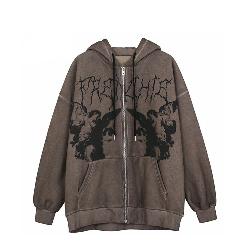 Gothic Angel Zip Up Hoodie in Garment-Dyed Y2K Aesthetic - Coquette Style with Grunge Vibes