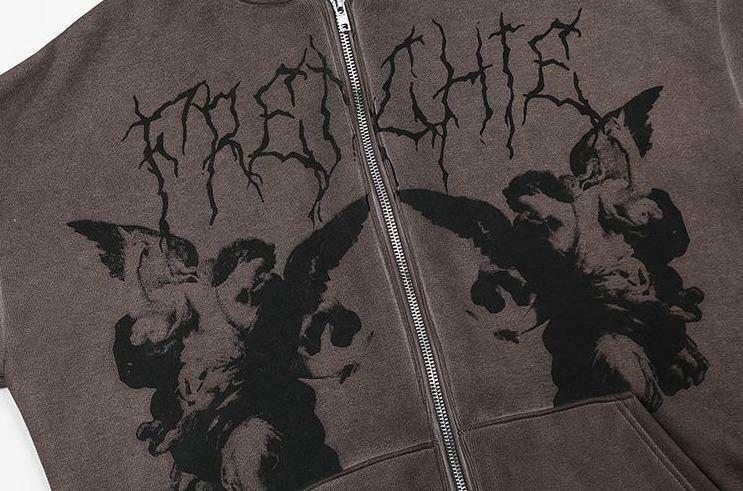 Gothic Angel Zip Up Hoodie in Garment-Dyed Y2K Aesthetic - Coquette Style with Grunge Vibes