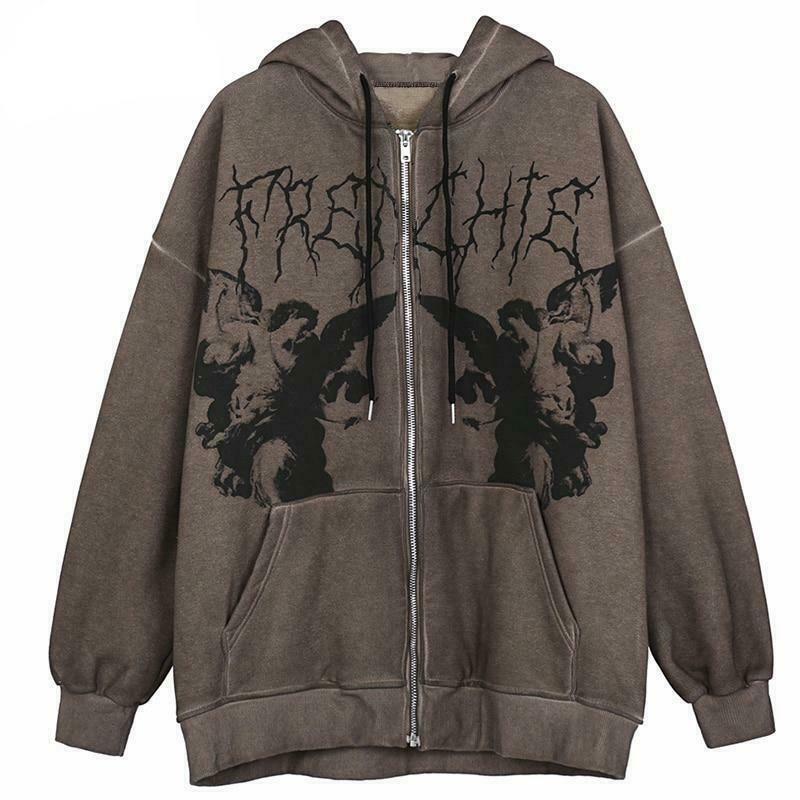 Gothic Angel Zip Up Hoodie in Garment-Dyed Y2K Aesthetic - Coquette Style with Grunge Vibes