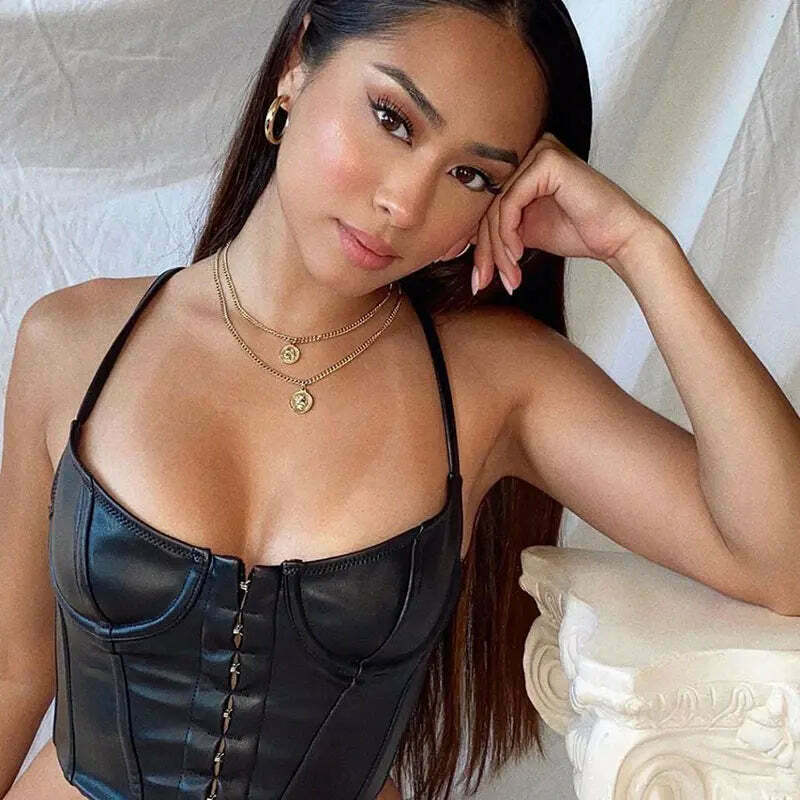 Gothic Coquette Aesthetic Leather Cami Top with Corset Detail