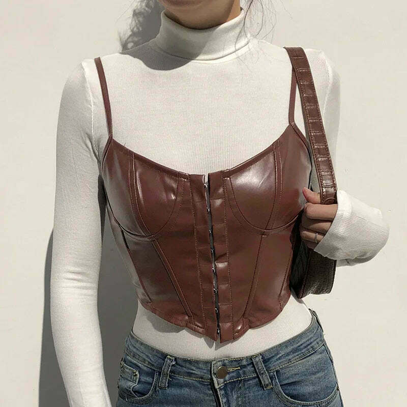 Gothic Coquette Aesthetic Leather Cami Top with Corset Detail