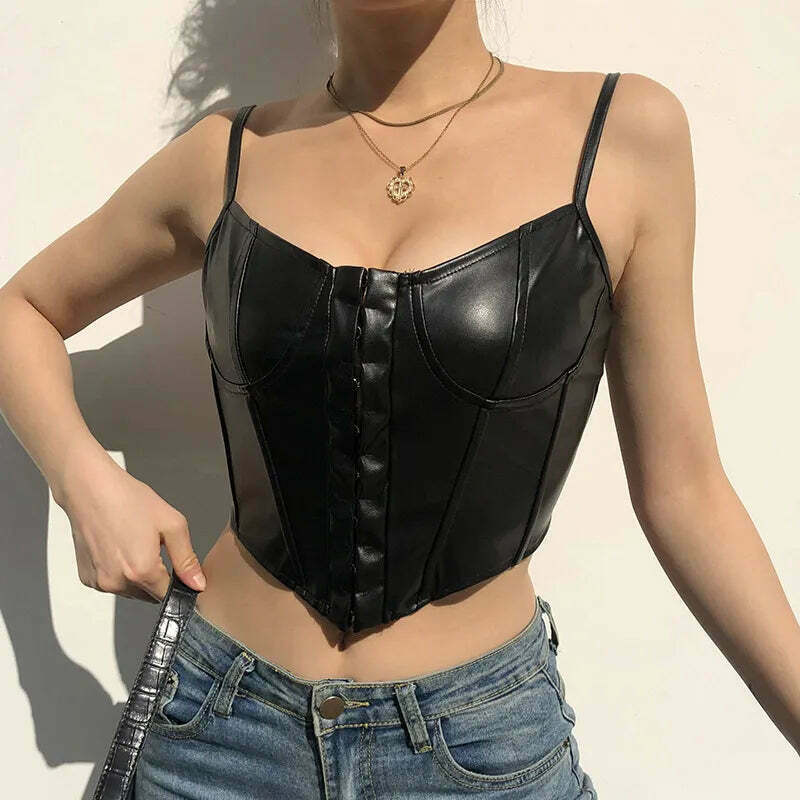Gothic Coquette Aesthetic Leather Cami Top with Corset Detail