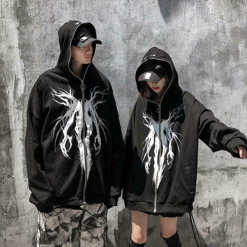 Gothic Print Full Zip Hoodie - Y2K Aesthetic Coquette Style - Grunge Fashion Statement
