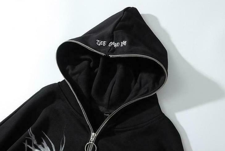 Gothic Print Full Zip Hoodie - Y2K Aesthetic Coquette Style - Grunge Fashion Statement