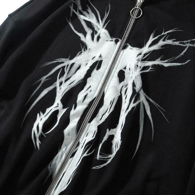 Gothic Print Full Zip Hoodie - Y2K Aesthetic Coquette Style - Grunge Fashion Statement
