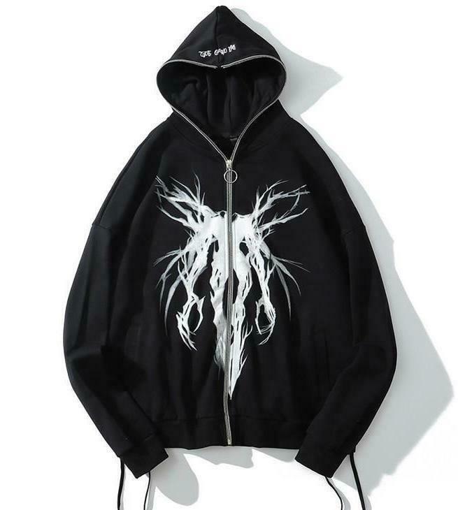 Gothic Print Full Zip Hoodie - Y2K Aesthetic Coquette Style - Grunge Fashion Statement