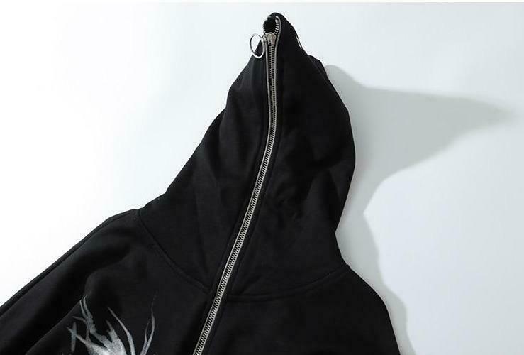 Gothic Print Full Zip Hoodie - Y2K Aesthetic Coquette Style - Grunge Fashion Statement