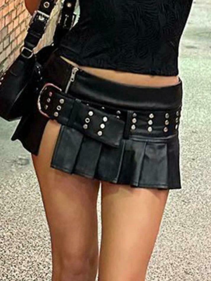 Gothic Punk Rivet Belted Leather Mini Skirt with Pleated Slit