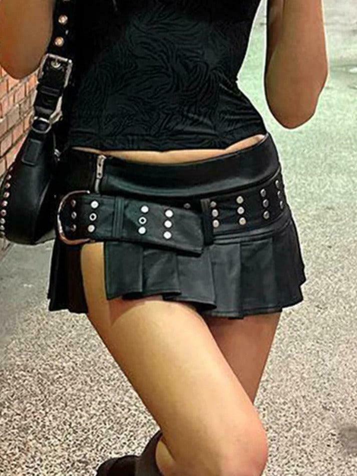 Gothic Punk Rivet Belted Leather Mini Skirt with Pleated Slit