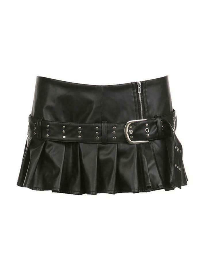 Gothic Punk Rivet Belted Leather Mini Skirt with Pleated Slit