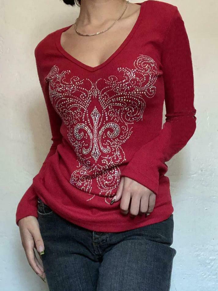 Gothic Rhinestone Print V-Neck Long Sleeve Tee - Y2K Fashion Aesthetic Top