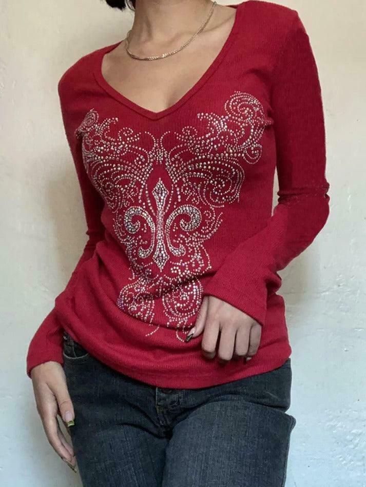 Gothic Rhinestone Print V-Neck Long Sleeve Tee - Y2K Fashion Aesthetic Top