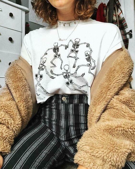 Gothic Skeleton Dance Tee: Y2K Aesthetic Grunge Style Shirt for Women - Coquette Fashion Statement