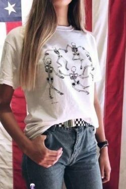 Gothic Skeleton Dance Tee: Y2K Aesthetic Grunge Style Shirt for Women - Coquette Fashion Statement